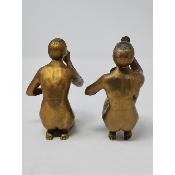 2 Vintage Bronze/Brass Nude Woman Kneeling Reaching Out Holding‎ Tray/Plate - Picture 3 of 14